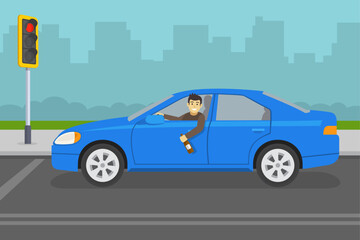 Drunk driver stopped at traffic signal. Happy male driver in a blue car holding a bottle. Young character leaning out of the car window. Side view. Flat vector illustration template.