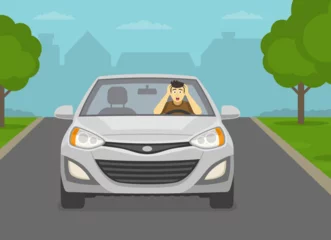 Fotobehang Frightened male driver holding his head with hands on road. Front view of a white car on street. Flat vector illustration template. © flatvectors