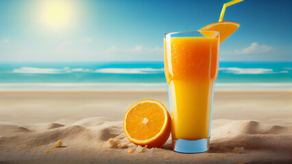 Tropical. enjoying breakfast of orange juice  on the sea background with Generative AI.