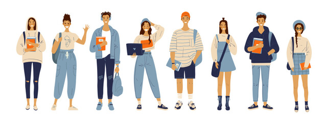 A group of students with backpacks, bags, textbooks and gadgets, high school boys and girls. Back to school, education and knowledge concept. Flat vector characters isolated on white background. © Salomi art