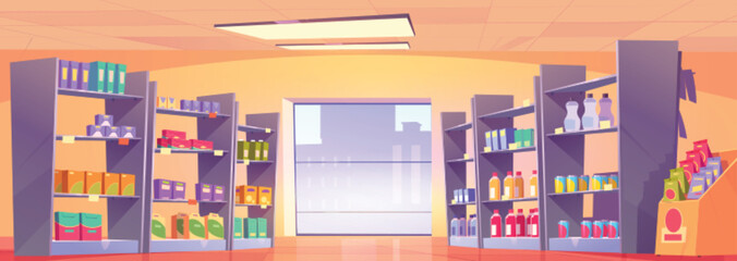 Cartoon supermarket aisle with large window. Vector illustration of shelves full of colorful cardboard boxes and food packages, bottles with beverages, lamps on ceiling. Grocery store department