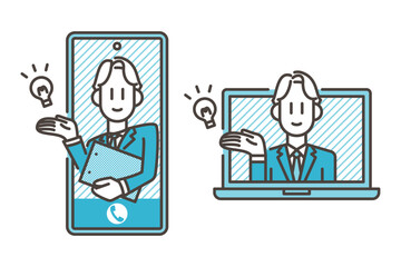 Fototapeta na wymiar Smiling male businessperson popping out of a smartphone and laptop screen [Vector illustration].