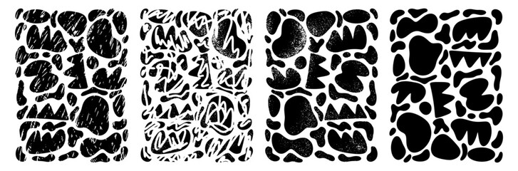 Fototapeta premium Set poster of hand drawn and doodle elements Different spots, drops of blots. Abstract black shape of doodle objects. Isolated on black background. Modern trend vector illustration