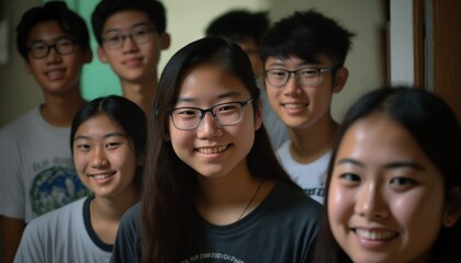 Obraz premium Group of Diverse and Empowered Asian Youth High School Students Working Together in Diversity and Inclusion Club : Power of Collaboration in Clubs, Sports Teams (generative AI)