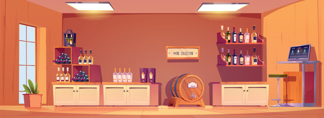 Cartoon wine shop interior design. Vector illustration of shopping mall department with alcohol bottles on shelves, vintage wooden barrels with taps, stool, cash register with computer screen on table - obrazy, fototapety, plakaty