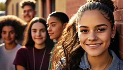 Fototapeta premium Group of Diverse and Empowered Hispanic Youth High School Students Working Together in Diversity and Inclusion Club : Power of Collaboration in Clubs, Sports Teams (generative AI)