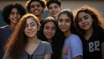 Obraz premium Group of Diverse and Empowered Hispanic Youth High School Students Working Together in Diversity and Inclusion Club : Power of Collaboration in Clubs, Sports Teams (generative AI)