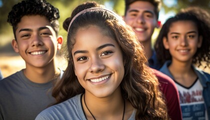 Fototapeta premium Group of Diverse and Empowered Hispanic Youth High School Students Working Together in Diversity and Inclusion Club : Power of Collaboration in Clubs, Sports Teams (generative AI)