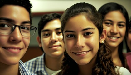 Obraz premium Group of Diverse and Empowered Hispanic Youth High School Students Working Together in Economics Club : Power of Collaboration in Clubs, Sports Teams (generative AI)