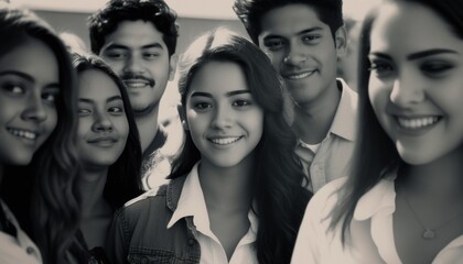 Group of Diverse and Empowered Hispanic Youth High School Students Working Together in Journalism Club : Power of Collaboration in Clubs, Sports Teams (generative AI)