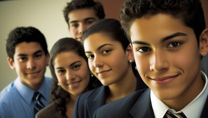 Group of Diverse and Empowered Hispanic Youth High School Students Working Together in Journalism Club : Power of Collaboration in Clubs, Sports Teams (generative AI)