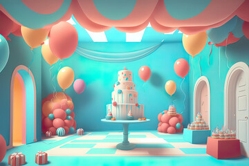 Colorful interior background, birthday, decorations, party (generated AI)