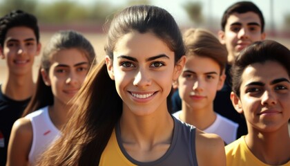 Obraz premium Group of Diverse and Empowered Middle Eastern Youth High School Students Working Together in Track and Field : Power of Collaboration in Clubs, Sports Teams (generative AI)