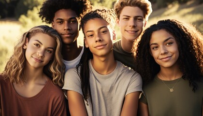 Obraz premium Group of Diverse and Empowered Multiracial Youth High School Students Working Together in Community Service Club : Power of Collaboration in Clubs, Sports Teams (generative AI)
