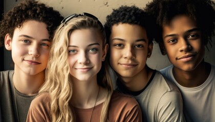 Obraz premium Group of Diverse and Empowered Multiracial Youth High School Students Working Together in Creative Writing Club : Power of Collaboration in Clubs, Sports Teams (generative AI)