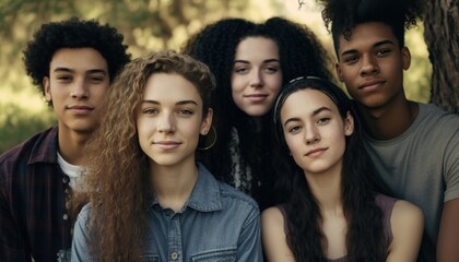 Fototapeta premium Group of Diverse and Empowered Multiracial Youth High School Students Working Together in Creative Writing Club : Power of Collaboration in Clubs, Sports Teams (generative AI)