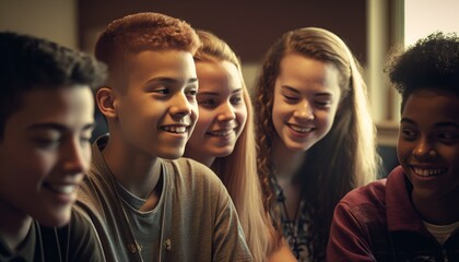 Group of Diverse and Empowered Multiracial Youth High School Students Working Together in Debate Club : Power of Collaboration in Clubs, Sports Teams (generative AI)