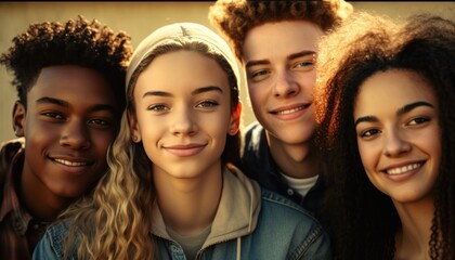 Obraz premium Group of Diverse and Empowered Multiracial Youth High School Students Working Together in Diversity and Inclusion Club : Power of Collaboration in Clubs, Sports Teams (generative AI)