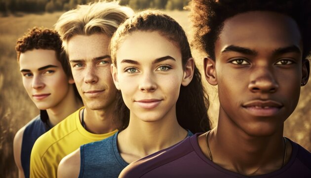 Group of Diverse and Empowered Multiracial Youth High School Students Working Together in Cross Country : Power of Collaboration in Clubs, Sports Teams (generative AI)