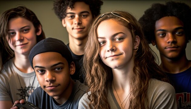 Group of Diverse and Empowered Multiracial Youth High School Students Working Together in Video Game Design Club : Power of Collaboration in Clubs, Sports Teams (generative AI)