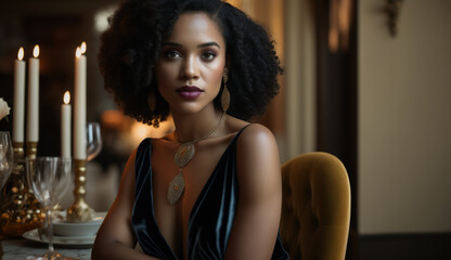 Obraz na płótnie Canvas Image Generated Artificial Intelligence. Portrait of a elegant beautiful afroamerican female in a restaurant