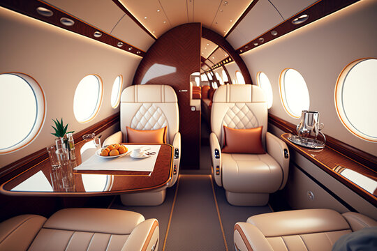 Interior Of Luxurious Private Jet With Leather Seats. Generative Ai