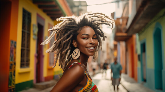 Image Generated Artificial Intelligence. Young afro woman dancing cheefully on the street