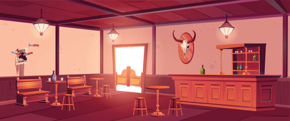 Old western saloon, cowboy bar in wild west. Vintage tavern interior with wooden bar counter, shelf with bottles, tables, chairs, doors and wanted poster on wall, vector cartoon illustration