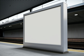empty billboard at Train Station side in urban capital city, mock up copy space, Generative Ai