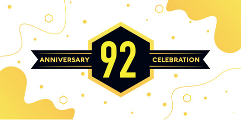 92 years anniversary logo vector design with yellow geometric shape with black and abstract design on white background template