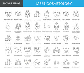 Laser cosmetology set of line icons in vector, editable stroke. Illustration of face and body rejuvenation, removal of moles and scars, wrinkles on the face and the decollete zone, wrinkles forehead