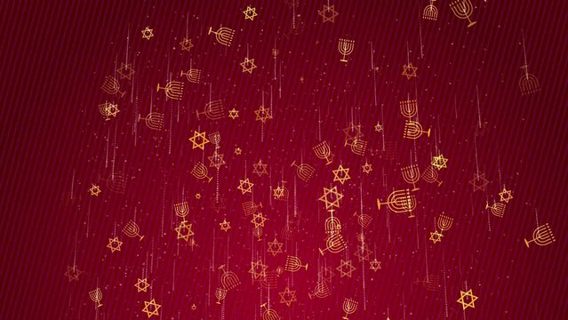 Golden Jewish Star of David and Menorah. Symbols of Israel and shiny particles falling down. Looped animated red background.