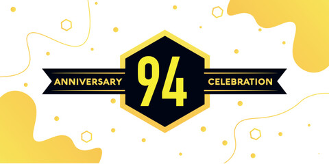 94 years anniversary logo vector design with yellow geometric shape with black and abstract design on white background template