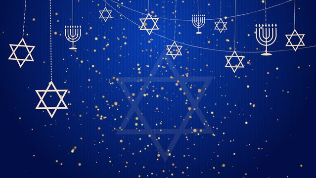 Star of David and Menorah are symbols of Judaism. Jewish characters on blue animated background with shiny particles. Looped video.