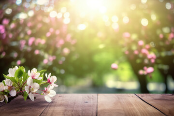 spring flowers on wooden table background Generative AI