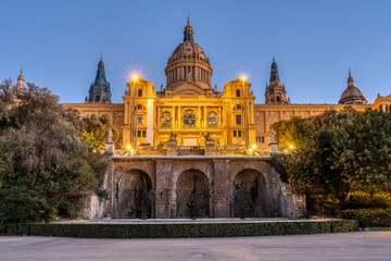 Fototapeta na wymiar The Montjuic National Palace in Barcelona at dusk