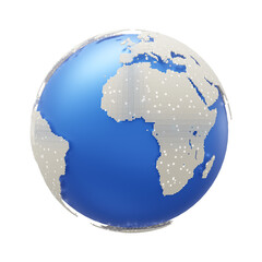 Earth globe blue with pinpoints white light. location point marker of shipment or communication concept. Transparent background. 3D PNG Render.
