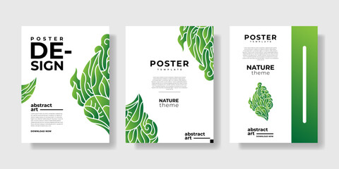 Simple, modern, and minimalist set of 3 poster templates with green abstract object
