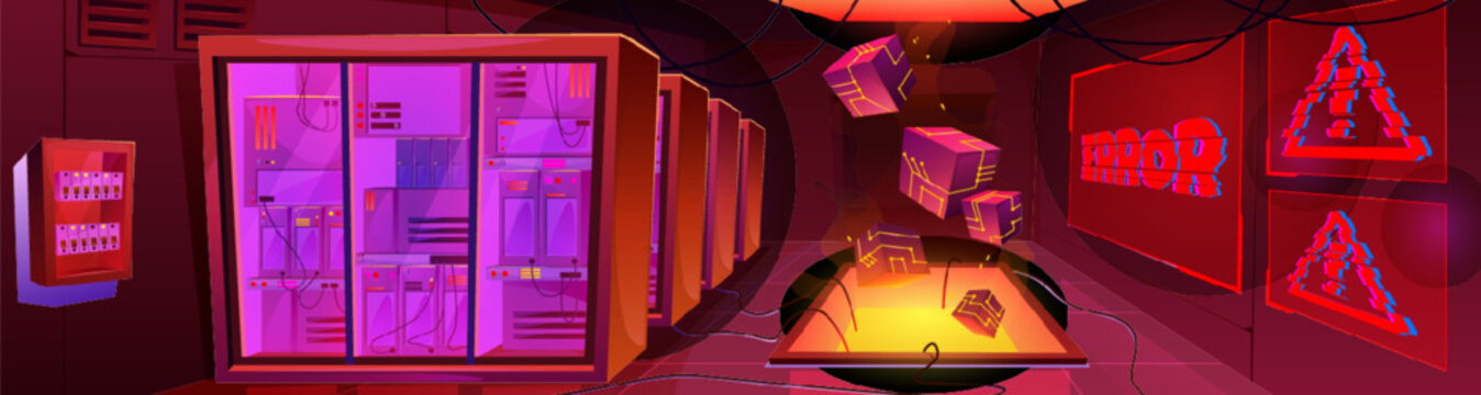 Error in computer data center warehouse. Tech server room interior cartoon vector background. Database storage concept with failure blockchain security system. Telecommunication hosting support.