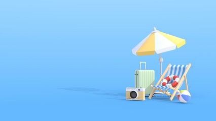 3D Summer banner. Chair beach with umbrella camera beach ball and suitcase. concept of vacation. 3D illustration