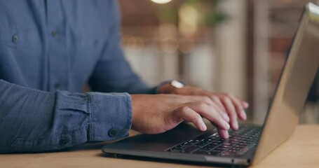 Closeup, business and hands with laptop, typing and data analysis in workplace, connection and planning. Zoom, male employee and consultant with device, search internet for information and update