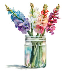 Gladioluses in a vase with water. Botanical illustration. Generative ai	