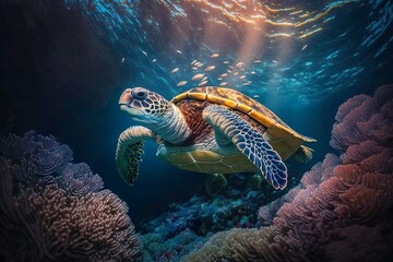 Fototapeta na wymiar Meeresschildkröten schwimmen in der Unterwasserwelt, wunderschöne Unterwasser- und farbenfrohe Korallen in der wilden Natur des Pazifischen Ozeans , Generate Ai