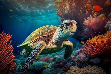 Naklejka na ściany i meble Meeresschildkröten schwimmen in der Unterwasserwelt, wunderschöne Unterwasser- und farbenfrohe Korallen in der wilden Natur des Pazifischen Ozeans , Generate Ai