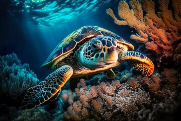 Naklejka na ściany i meble Meeresschildkröten schwimmen in der Unterwasserwelt, wunderschöne Unterwasser- und farbenfrohe Korallen in der wilden Natur des Pazifischen Ozeans , Generate Ai