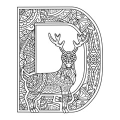 Hand drawn of aphabet letter D for deer in zentangle style