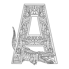 Hand drawn of aphabet letter A for alligator in zentangle style