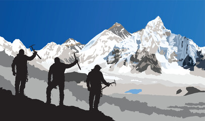 mounts Everest and Nuptse from Nepal side as seen from Kala Patthar peak with black silhouette of three climbers with ice axe in hand, vector illustration, Nepal Himalaya mountain - obrazy, fototapety, plakaty