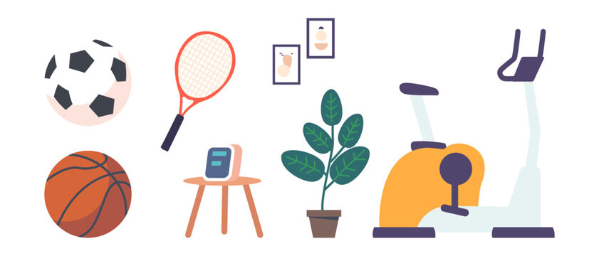 Set of Sports Equipment and Home Items Icons. Exercise Bike, Soccer or Basketball Ball, Tennis Racket, Potted Houseplant