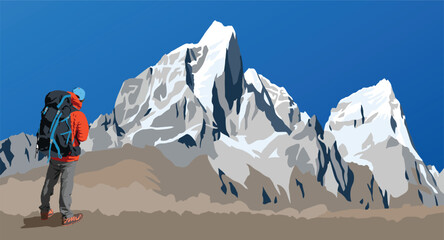 Vector of mounts Cholatse and Tabuche peak as seen from the way to Mount Everest base camp and  hiker with big backpack, Nepal Himalayas mountains vectors illustration - obrazy, fototapety, plakaty